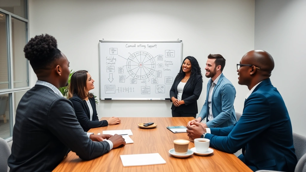 Group of diverse professionals in collaborative meeting room engaged in discussion, whiteboards with strategy diagrams, smiling faces, notebook and coffee cups on table, representing community support and shared learning