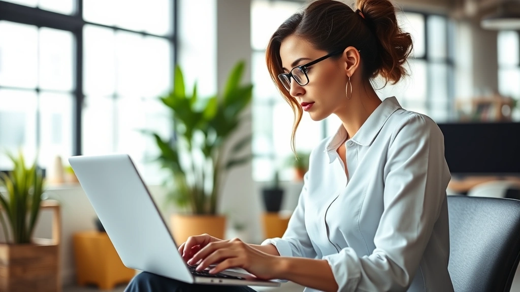 Professional woman studying market data on laptop in modern office, focused expression, natural lighting, plants in background, contemporary workspace