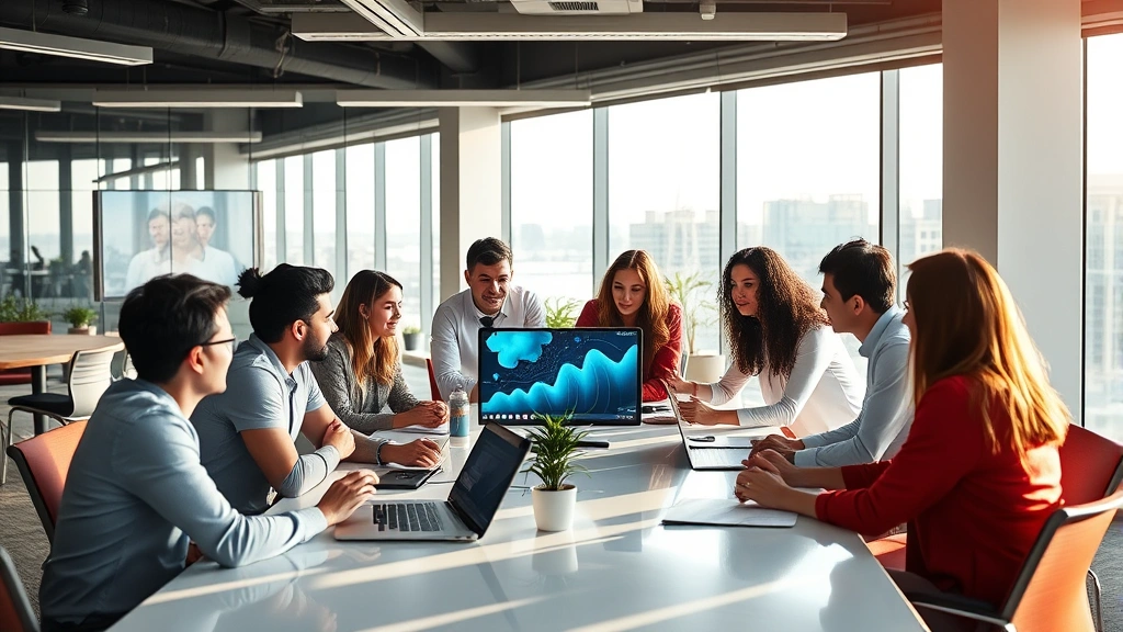 Diverse team collaborating around conference table with digital screens, engaged discussion, creative energy, modern corporate environment, afternoon light