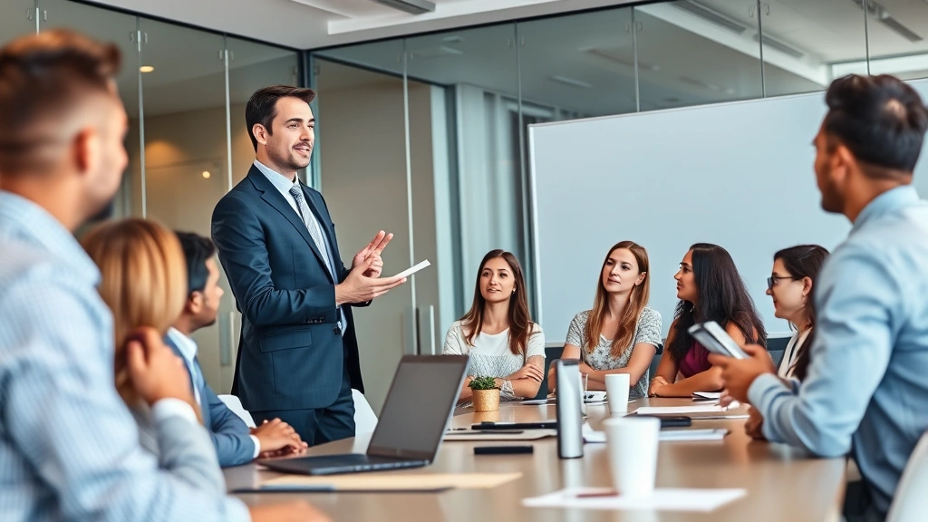 Person presenting insights to colleagues in modern meeting room, confident posture, diverse audience listening intently, professional attire, collaborative atmosphere
