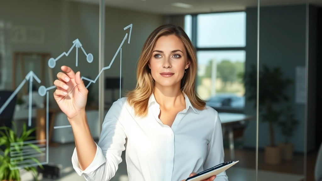 Professional woman at glass whiteboard mapping career growth strategy with upward trending arrows and network connections, natural office lighting, focused determined expression, notebook and pen nearby