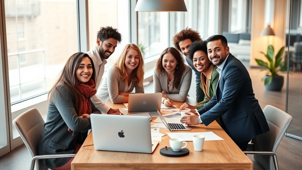 Diverse group of professionals in modern office collaborating around table with laptops and documents, warm lighting, genuine smiles, coffee cups, representing network building and teamwork