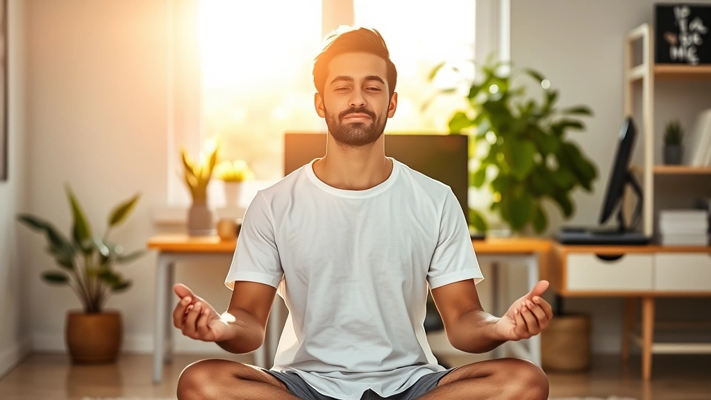Person meditating in bright home office space with plant, morning sunlight streaming through window, peaceful expression, professional desk setup in background, representing foundation and mindset development