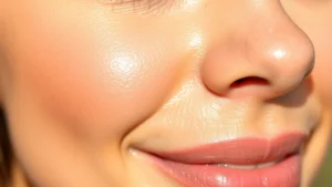 Close-up of glowing, radiant skin showing healthy complexion with natural luminosity, morning sunlight reflecting off smooth skin surface, serene facial expression of contentment