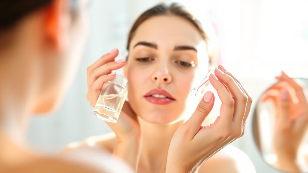 Woman applying clear gel serum to clean face, hands gently massaging product into skin, bright natural lighting, focused skincare routine moment, peaceful bathroom setting