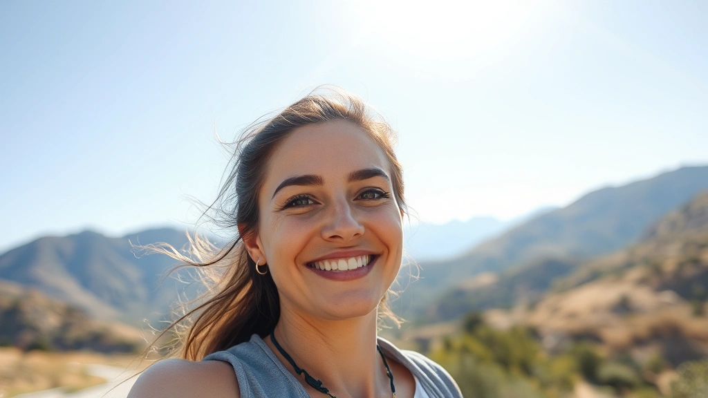 Person enjoying outdoor activities in sunlight wearing protective skincare, natural landscape background, healthy glow on face, confident expression, active lifestyle embodying wellness