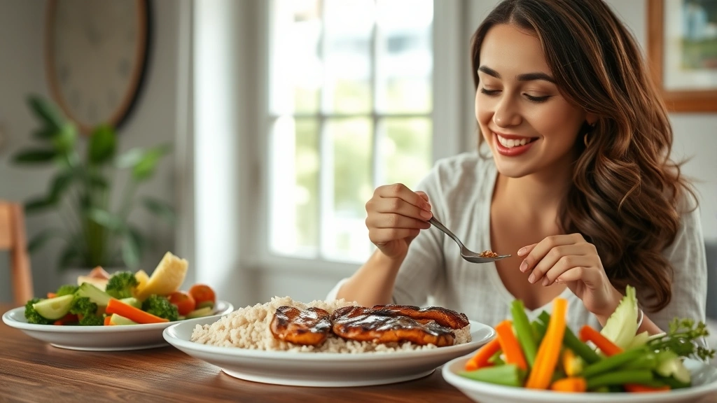 Woman eating protein-rich meal with grilled chicken, rice, and vegetables at dining table, healthy nutrition display, natural daylight through window