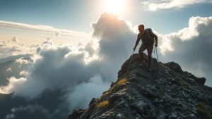 Person climbing a steep mountain trail with determination, sunlight breaking through clouds above the peak, representing overcoming challenges and personal growth