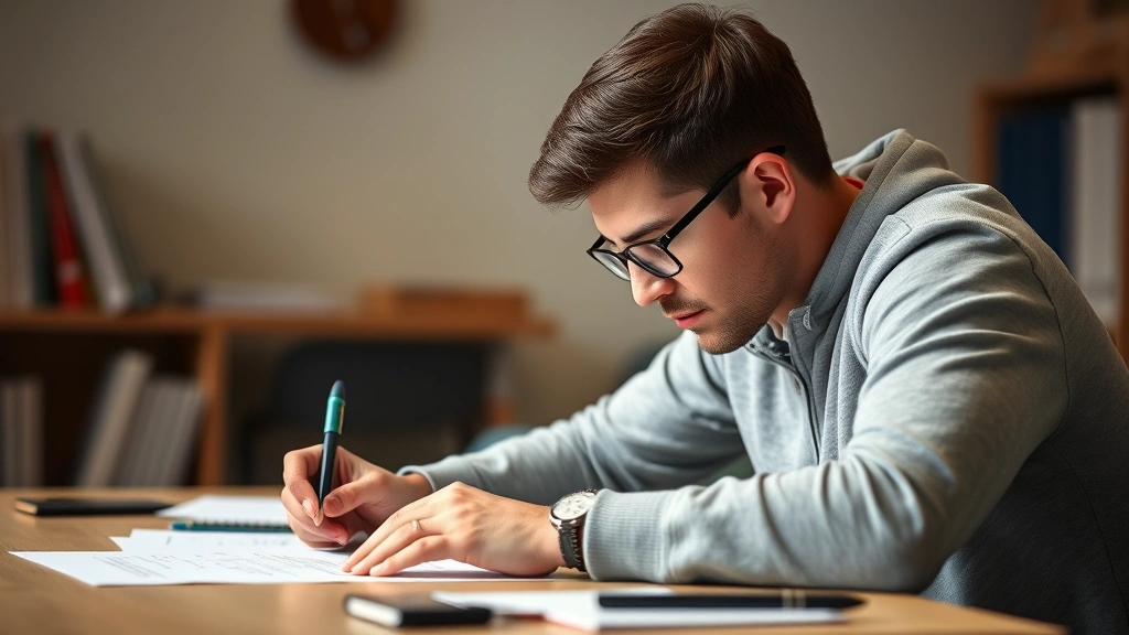 Adult student concentrating intensely while solving a complex problem at a desk, hands engaged with work, symbolizing active learning and skill development