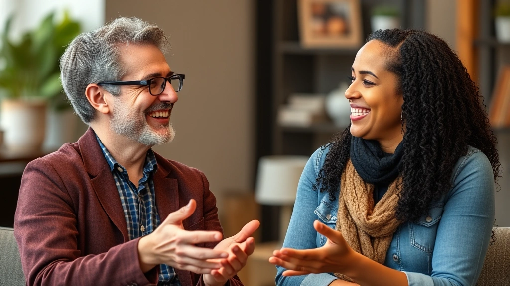 Two people having a supportive conversation with genuine smiles, one offering encouragement to the other, depicting mentorship and growth-oriented community support