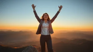 Professional woman standing on mountain peak at sunrise, arms raised in triumph, overlooking vast landscape, confident expression, morning light illuminating her face, representing achievement and personal breakthrough