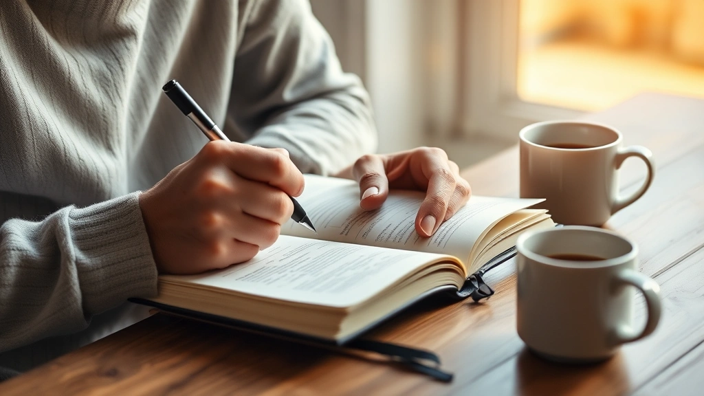 Person writing detailed notes in notebook during focused study session, warm natural lighting, determined concentration, coffee cup nearby, representing deliberate practice and intentional learning commitment