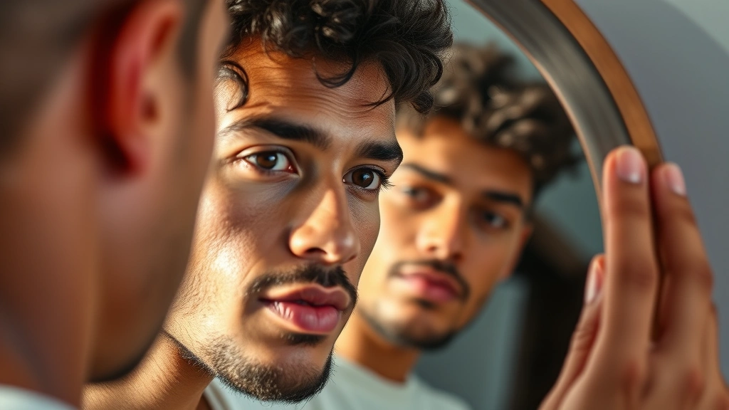 Close-up of a confident person examining their reflection in mirror, practicing self-awareness and personal growth through mindful observation in natural lighting