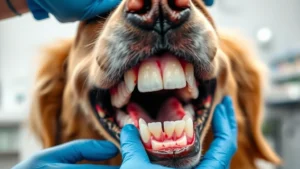 Close-up of a golden retriever's open mouth showing healthy white teeth and pink gums during dental examination by a veterinarian wearing blue gloves, professional clinic setting with soft natural lighting
