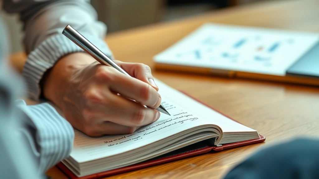 Person actively writing in notebook during personal development session, hands visible capturing goals and insights with focused determination and positive energy