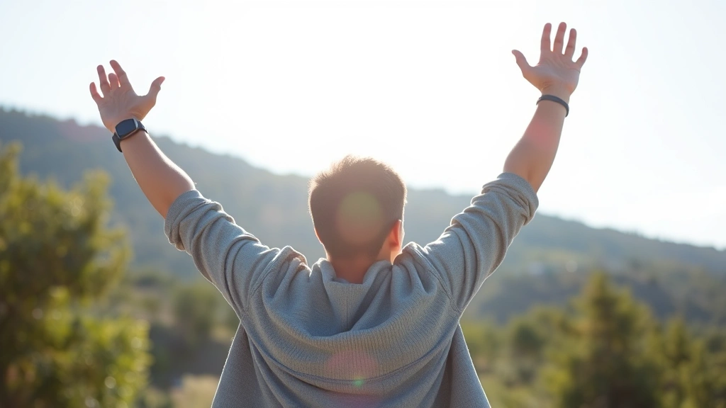 Individual celebrating achievement milestone outdoors, arms raised in success with bright sunlight, embodying personal growth triumph and motivated progress
