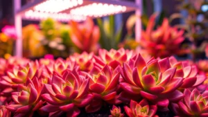 Vibrant succulent plants glowing under warm LED grow lights in a modern indoor garden setup, close-up of healthy rosette formations with rich coloration