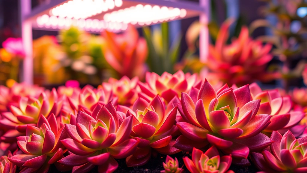Vibrant succulent plants glowing under warm LED grow lights in a modern indoor garden setup, close-up of healthy rosette formations with rich coloration