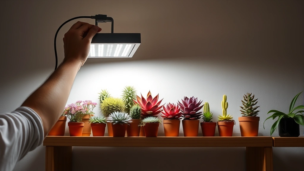 Person adjusting a professional LED grow light fixture above thriving succulent collection on wooden shelving, demonstrating proper distance and care