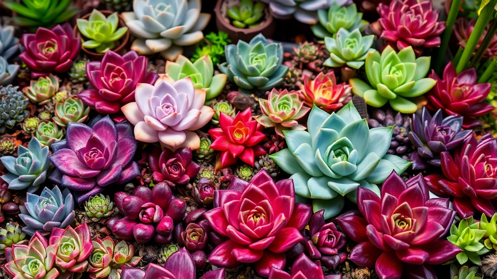 Lush array of diverse succulents displaying deep purples, reds, and greens under full-spectrum lighting, showing healthy compact growth patterns