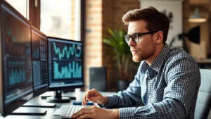 Professional marketer analyzing data on multiple screens with intense focus and determination, natural lighting from office window, confident expression showing problem-solving engagement