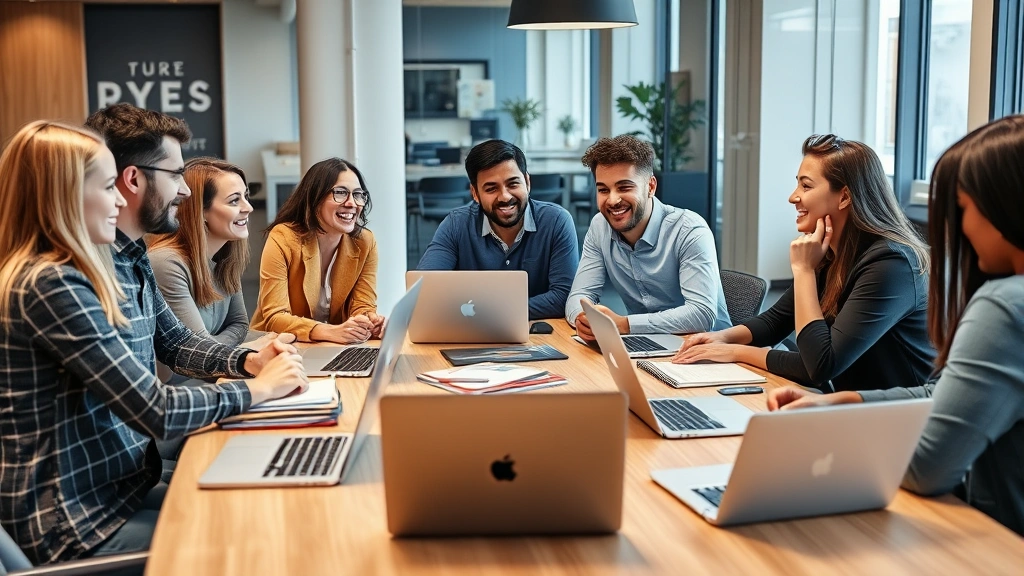 Diverse group of marketers collaborating around a conference table with laptops and notebooks, engaged in animated discussion, genuine smiles and active listening, modern office environment