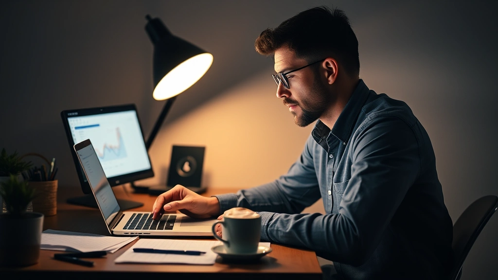 Individual marketer working late at desk surrounded by coffee cup and notes, laptop glowing, thoughtful expression while reviewing analytics dashboard, determination and resilience visible