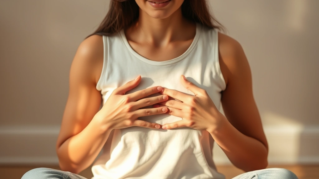 Person sitting peacefully with hands on heart, warm natural lighting, peaceful expression of self-acceptance and inner peace, soft focus background