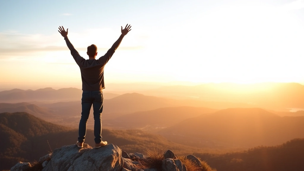 Individual standing confidently at mountain summit overlooking landscape, arms raised in achievement, golden hour lighting, expansive view symbolizing personal accomplishment