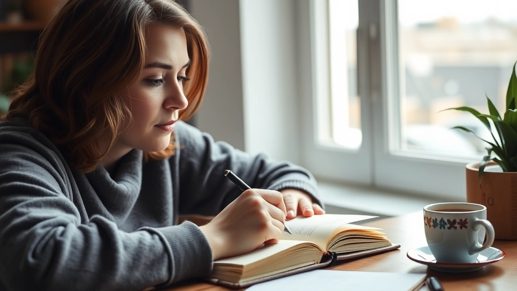 Person writing in journal with thoughtful expression, natural window light, coffee cup nearby, focused on reflection and self-discovery, cozy indoor setting