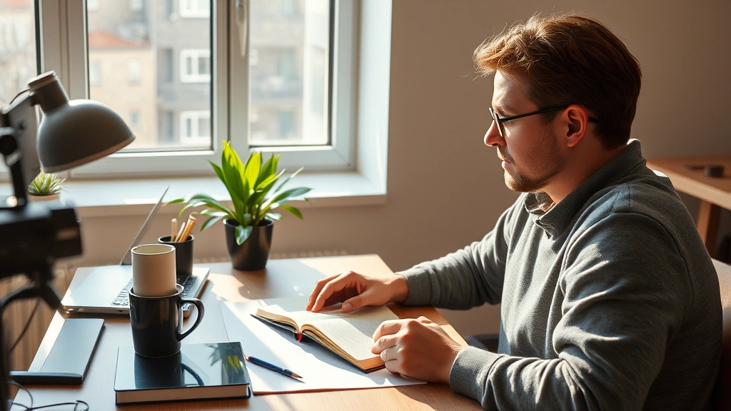 Person at desk studying intently with notebook and coffee, morning sunlight through window, determined focused expression, modern minimalist workspace