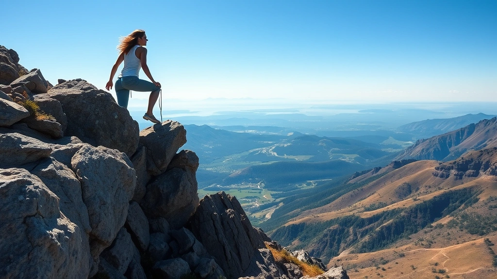 Woman climbing rocky mountain path, reaching upward with determination, expansive valley view below, representing overcoming obstacles and growth journey