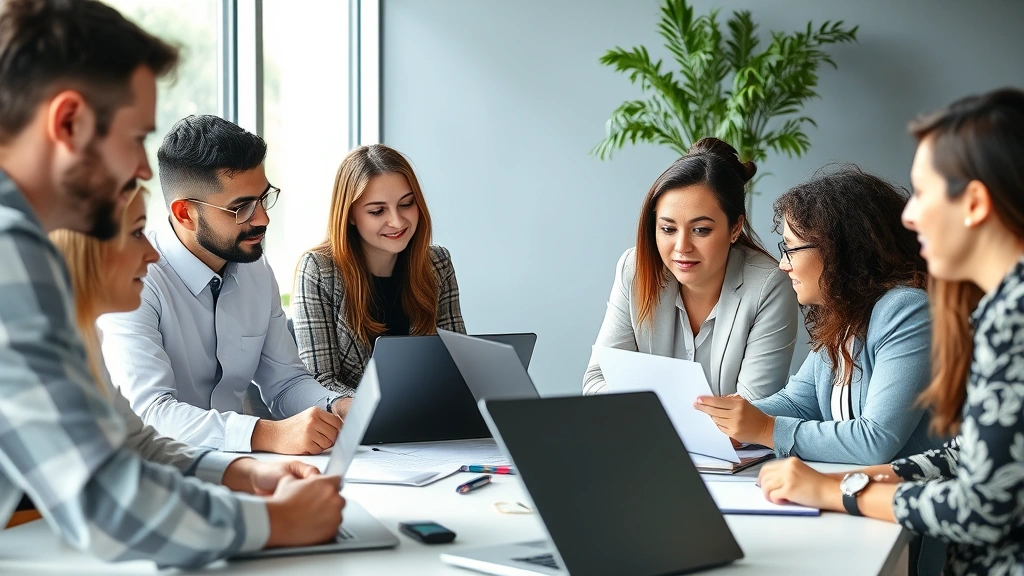 Group of diverse professionals collaborating around table with laptops and papers, engaged discussion, natural lighting, representing growth-oriented community and learning