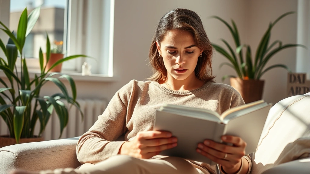 Person sitting in natural light reading a book with determined, focused expression, warm indoor setting with plants, showing peaceful concentration and intellectual engagement