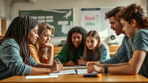 A diverse group of students collaborating at a table, engaged in problem-solving with focused expressions and growth-oriented body language, natural classroom lighting, photorealistic style