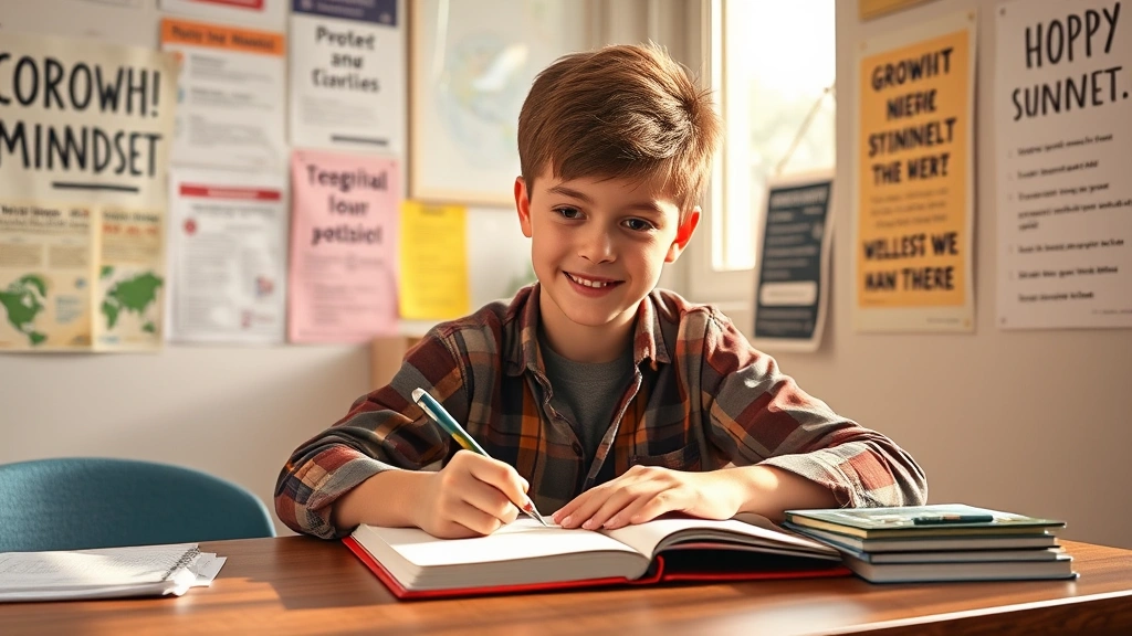 A student writing in a notebook at a desk, surrounded by growth mindset posters on walls, studying with determination and confidence, warm natural light from window, photorealistic