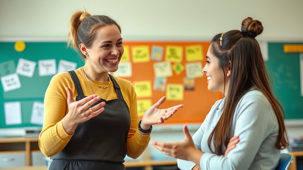 A teacher providing constructive feedback to a student, both smiling with encouraging gestures, classroom environment with inspirational visuals in background, candid photorealistic moment