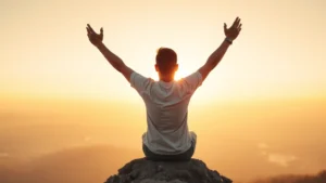 Person sitting on mountain summit at sunrise, arms raised in triumph, looking at vast landscape below, golden light, confident posture, peaceful expression, nature background