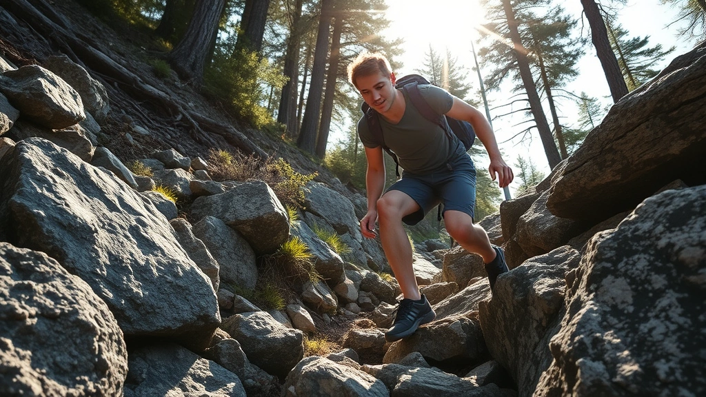 Young adult climbing rocky mountain trail, focused determined expression, mid-stride on challenging path, sunlight filtering through trees, hands gripping rock, dynamic movement