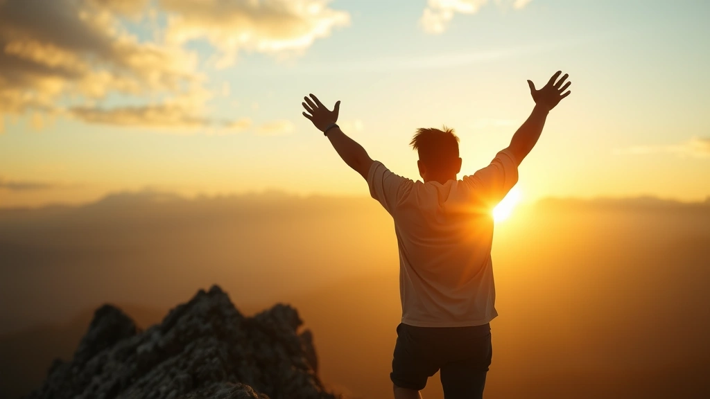 Person climbing a mountain at sunrise with arms raised in triumph, experiencing breakthrough moment, golden light, determined expression, nature backdrop, symbolic of overcoming challenges