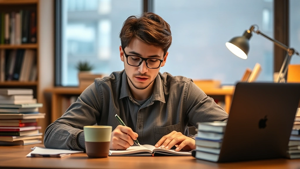 Young professional studying intently at desk with notebook and coffee, focused expression, warm lighting, books around workspace, representing learning and skill development through effort