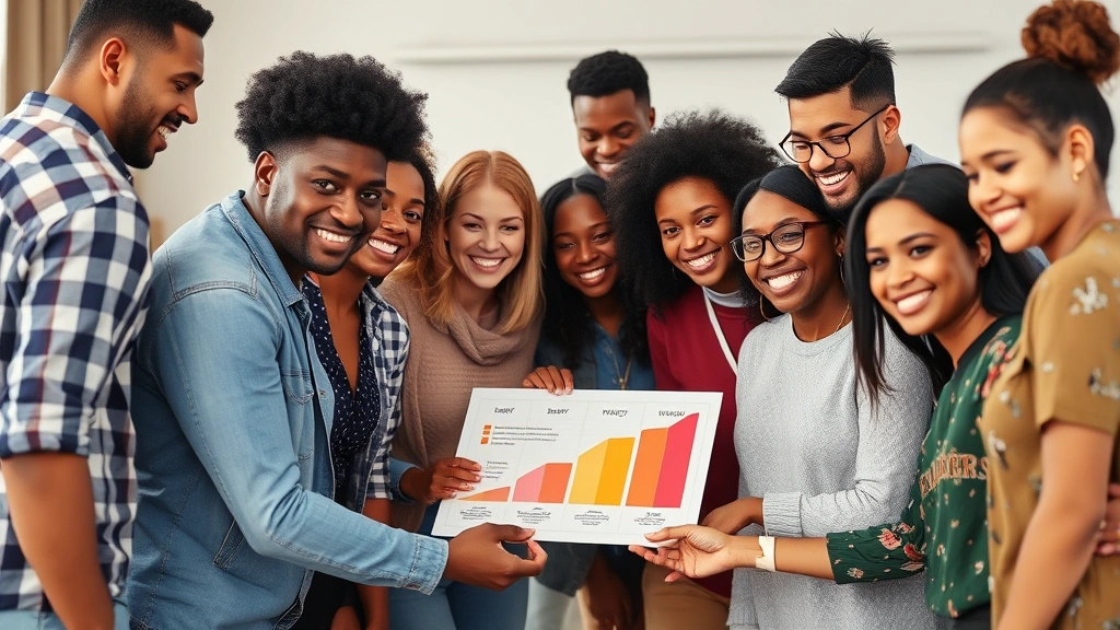Group of diverse people collaborating on project with visible progress markers, smiling faces showing growth, supportive environment, teamwork energy, representing community and shared growth