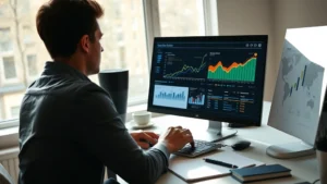 Person at desk reviewing growth charts and progress metrics, natural morning light streaming through window, focused expression analyzing data on laptop screen, minimalist workspace with notebook and pen, realistic professional setting