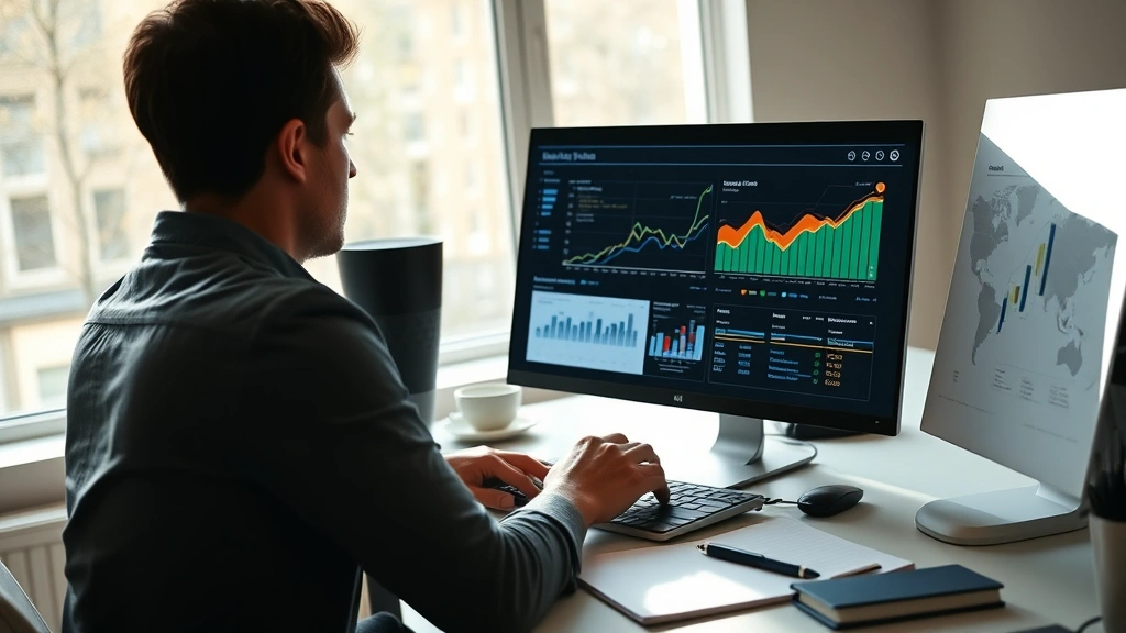 Person at desk reviewing growth charts and progress metrics, natural morning light streaming through window, focused expression analyzing data on laptop screen, minimalist workspace with notebook and pen, realistic professional setting