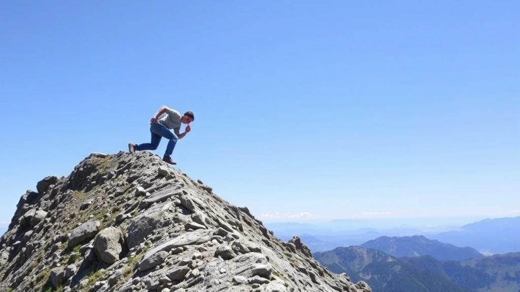 Individual climbing steep mountain path with clear sky overhead, determined posture mid-climb, natural landscape background, symbolic representation of personal growth journey, realistic outdoor adventure photography