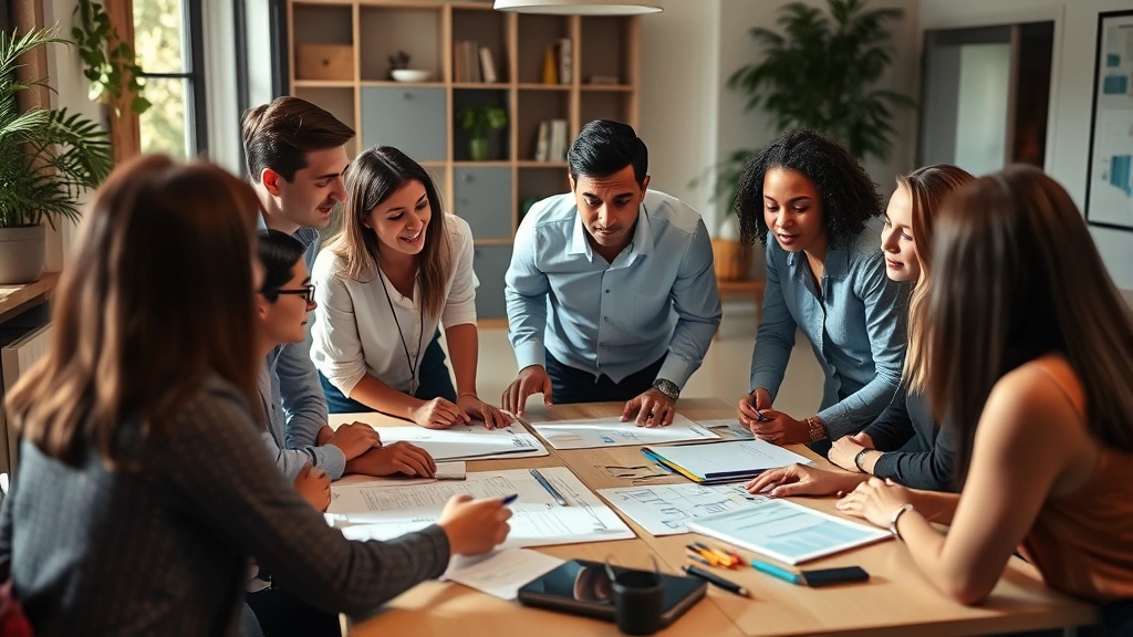 Group of diverse professionals in collaborative discussion around table with notes and diagrams, engaged body language showing active learning, natural workspace lighting, teamwork and accountability atmosphere, realistic candid moment