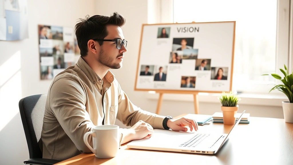 Person sitting at wooden desk in bright morning light, looking at vision board with photographs and words, coffee cup nearby, determined focused expression, natural window light creating warm shadows, professional calm environment