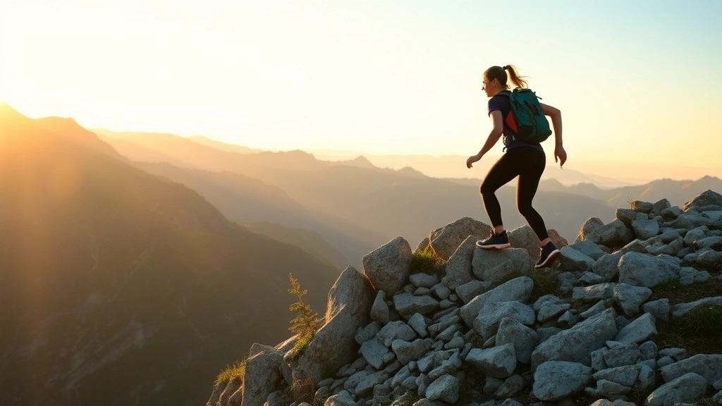 Woman climbing steep rocky mountain trail at golden hour, strong confident stride, clear sky background, natural landscape, physically challenging ascent, symbolic upward progression, authentic outdoor setting with real terrain