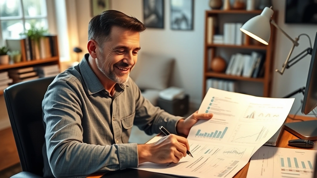 Person in comfortable home office reviewing handwritten notes and charts on desk, surrounded by growth progress documentation, satisfied thoughtful expression, warm lighting, organized workspace showing deliberate planning and reflection
