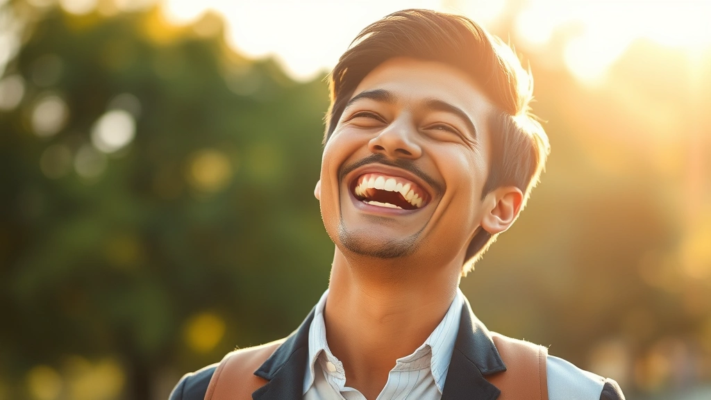 Person laughing genuinely outdoors in natural sunlight, warm golden hour lighting, authentic joy on face, professional casual attire, blurred green nature background, candid genuine expression, mid-laugh moment, photorealistic, natural skin tones, bright energetic mood